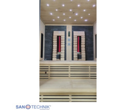 Innenansicht Infrarotsauna mit Holzbänken, Steinoptik-Wand, zwei Strahlern und Deckenbeleuchtung. Sanotechnik International Logo.