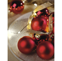 Weihnachtsdekoration mit roten Weihnachtskugeln in matt und glänzend, einem goldenen Dekoband und einer Lichterkette auf einem Teller.
