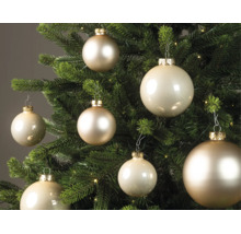 Cremefarbene Weihnachtskugeln in verschiedenen Größen mit glänzender und matter Oberfläche an einem Weihnachtsbaum.