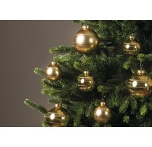 Weihnachtsbaum dekoriert mit goldenen Christbaumkugeln mit glitzernden Linien.