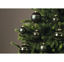 Dunkelgrüne Christbaumkugeln mit goldenen Glitzerstreifen an einem Weihnachtsbaum.