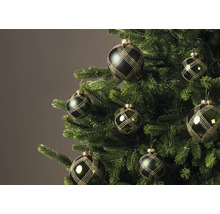 Dunkle Christbaumkugeln mit goldfarbenem Gittermuster an einem grünen Weihnachtsbaum.