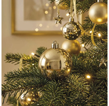 Goldfarbene Weihnachtskugeln glänzend und matt an einem grünen Weihnachtsbaum mit warmweißer Beleuchtung.