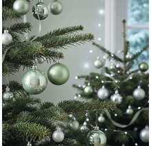 Weihnachtsbaum dekoriert mit grünen und silbernen Christbaumkugeln in verschiedenen Größen und Oberflächen sowie einer Lichterkette.