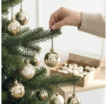 Eine Hand hängt eine champagnerfarbene Weihnachtskugel an einen grünen Weihnachtsbaum. Im Hintergrund steht eine offene Schachtel mit Kugeln.