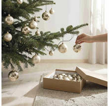 Eine Hand hängt eine champagnerfarbene Weihnachtskugel an einen Tannenbaum. Am Boden steht ein Karton mit Christbaumkugeln.
