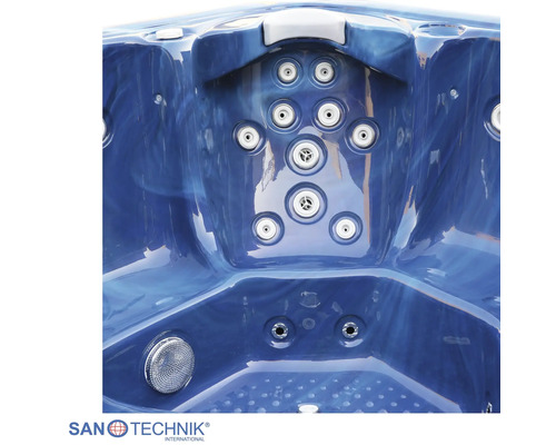 Whirlpool Innenansicht mit Massagejets, Kopfstütze und Sanotechnik Logo.