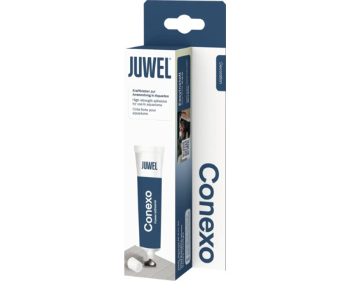 Juwel Conexo Kraftkleber für die Anwendung in Aquarien, Produktverpackung und Tube.