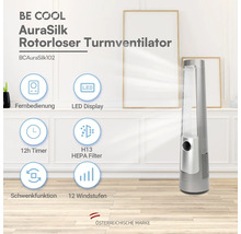 BE COOL AuraSilk rotorloser Turmventilator mit Fernbedienung, LED Display, 12 Stunden Timer, H13 HEPA Filter, Schwenkfunktion und 12 Windstufen.