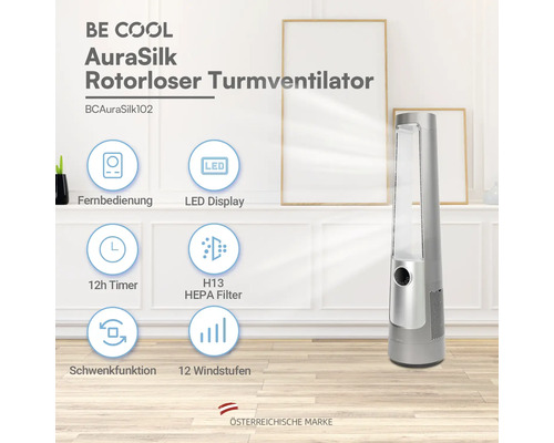 BE COOL AuraSilk rotorloser Turmventilator mit Fernbedienung, LED Display, 12 Stunden Timer, H13 HEPA Filter, Schwenkfunktion und 12 Windstufen.