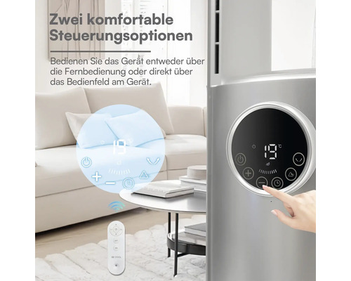 Mobiles Klimagerät mit zwei Steuerungsoptionen über Touch-Bedienfeld am Gerät und Fernbedienung. Das Display zeigt 19 Grad Celsius.