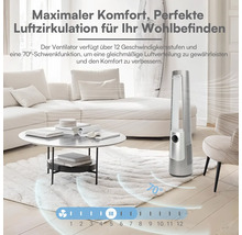 Turmventilator in einem hellen Wohnzimmer mit 12 Geschwindigkeitsstufen und 70 Grad Schwenkfunktion.