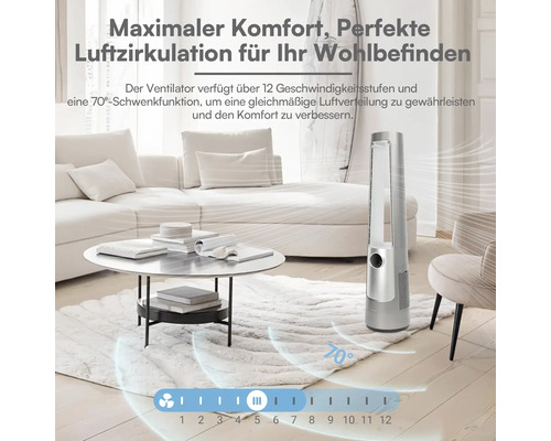 Turmventilator in einem hellen Wohnzimmer mit 12 Geschwindigkeitsstufen und 70 Grad Schwenkfunktion.