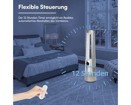 Moderner rotorloser Turmventilator im Schlafzimmer mit Fernbedienung und 12-Stunden-Timer für automatisches Abschalten.