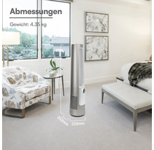 Turmventilator im modernen Schlafzimmer, Höhe 1035 Millimeter, Breite und Tiefe 253 Millimeter, Gewicht 4,35 Kilogramm.