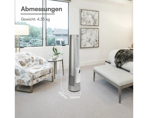 Turmventilator im modernen Schlafzimmer, Höhe 1035 Millimeter, Breite und Tiefe 253 Millimeter, Gewicht 4,35 Kilogramm.