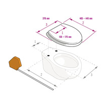 Maßzeichnung für WC-Sitz: Breite 376 Millimeter, Tiefe 405 bis 445 Millimeter und Scharnierabstand 135 bis 175 Millimeter.