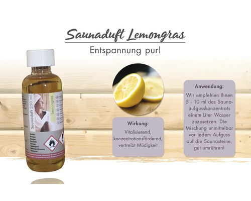Saunaduft Lemongras, 250 Milliliter Flasche mit vitalisierender Wirkung, Anwendungshinweisen und Gefahrenhinweisen.