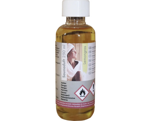 Saunaduft Lemongras, 250 Milliliter Flasche, Aufgusskonzentrat mit Gefahrenhinweisen und weißem Schraubverschluss.
