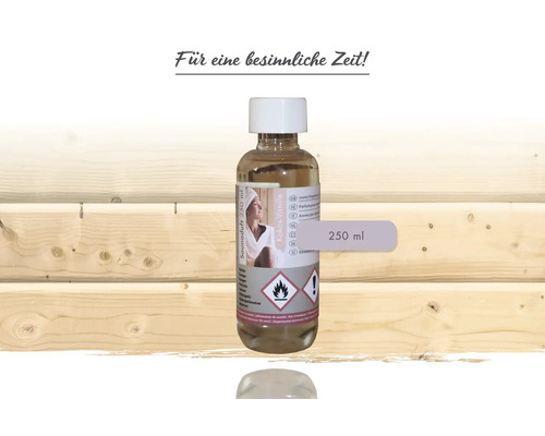 Saunaduft Kokos-Vanille in einer 250 Milliliter Flasche mit Kennzeichnung für entzündbare und reizende Stoffe.