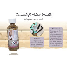 Saunaduft Konzentrat Kokos-Vanille in einer 250 Milliliter Flasche mit Details zur Anwendung, entspannender Wirkung und Gefahrenhinweisen.