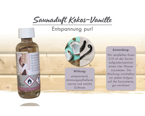 Saunaduft Konzentrat Kokos-Vanille in einer 250 Milliliter Flasche mit Details zur Anwendung, entspannender Wirkung und Gefahrenhinweisen.