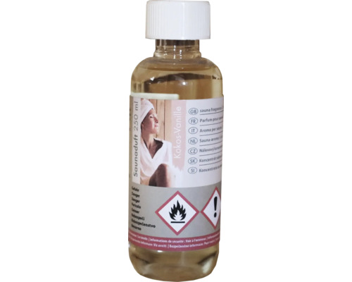 Saunaduft Kokos-Vanille 250 Milliliter in einer transparenten Flasche mit weißem Schraubverschluss, Konzentrat für den Saunaaufguss.