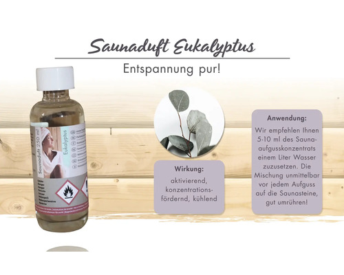 Saunaduft Eukalyptus 250 Milliliter Flasche mit Anwendungshinweisen und kühlender, aktivierender Wirkung.