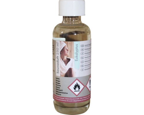 Saunaduft Eukalyptus 250 Milliliter in Flasche mit Schraubverschluss, leicht entzündbar und gesundheitsgefährdend.