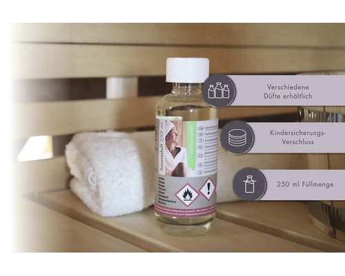 Saunaduft Fichtennadel 250 Milliliter mit Kindersicherungsverschluss in einer hellen, organisierten Sauna. Verschiedene Düfte verfügbar.