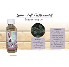 Saunaduft Fichtennadel, 250 Milliliter Flasche mit Informationen zu Wirkung und Anwendung für den Saunaaufguss.