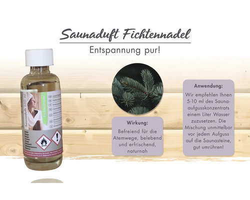 Saunaduft Fichtennadel, 250 Milliliter Flasche mit Informationen zu Wirkung und Anwendung für den Saunaaufguss.