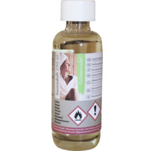 250 Milliliter Flasche Saunaduft Fichtennadel mit Gefahrensymbolen für entzündbar und reizend auf dem Etikett.