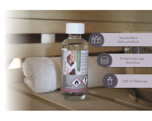 Saunaduft Latschenkiefer, 250 Milliliter Flasche mit Kindersicherungsverschluss, verschiedene Düfte erhältlich.