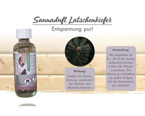 Saunaduft Latschenkiefer in einer 250 Milliliter Flasche mit Anwendungshinweisen und Informationen zur durchblutungsfördernden Wirkung.