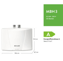 Clage MBH 3 Mini-Durchlauferhitzer, 3,5 Kilowatt, 230 Volt Stecker. 18,6 mal 13,5 mal 8,7 Zentimeter. Energieeffizienzklasse A. Clage Logo.