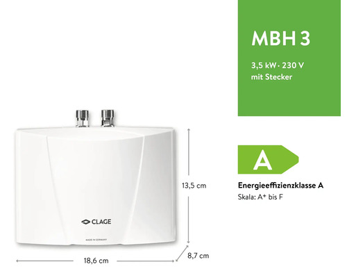 Clage MBH 3 Mini-Durchlauferhitzer, 3,5 Kilowatt, 230 Volt Stecker. 18,6 mal 13,5 mal 8,7 Zentimeter. Energieeffizienzklasse A. Clage Logo.