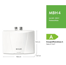 Clage Kleindurchlauferhitzer MBH 4, 4,4 Kilowatt, 230 Volt, Energieeffizienzklasse A, Maße: 18,6 mal 13,5 mal 8,7 Zentimeter.