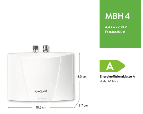 Clage Kleindurchlauferhitzer MBH 4, 4,4 Kilowatt, 230 Volt, Energieeffizienzklasse A, Maße: 18,6 mal 13,5 mal 8,7 Zentimeter.