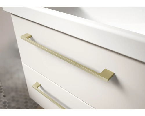 Weißer Waschtischunterschrank mit zwei Schubladen und schmalen, goldfarbenen Metallgriffen.
