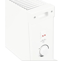 Weißer Konvektor mit zwei Stufenschaltern für 750 Watt und 1250 Watt sowie einem stufenlosen Thermostatregler.