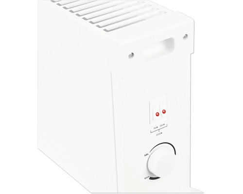 Weißer Konvektor mit zwei Stufenschaltern für 750 Watt und 1250 Watt sowie einem stufenlosen Thermostatregler.