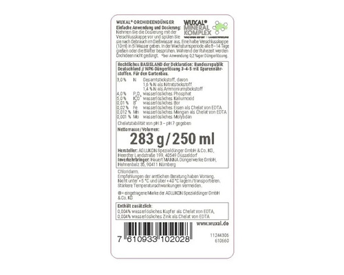 Etikett von Wuxal Orchideendünger mit Dosierung, Inhaltsstoffen, Mineral-Komplex und einer Füllmenge von 250 Milliliter.