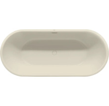 Ovale Badewanne mit mittigem Ablauf und Überlaufschlitz in der Draufsicht.