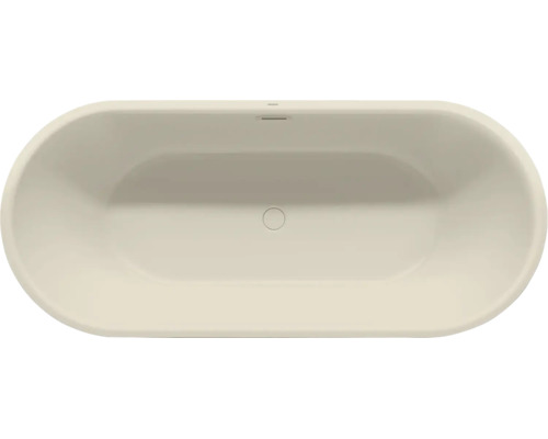 Ovale Badewanne mit mittigem Ablauf und Überlaufschlitz in der Draufsicht.