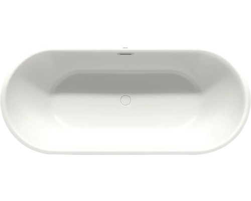 Draufsicht einer ovalen Badewanne mit mittigem Ablauf und Überlauf.