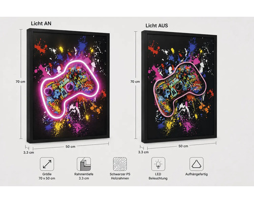 LED-Wandbild Gaming Controller im Graffiti-Stil, schwarzer Rahmen, 70 mal 50 cm, Tiefe 3,3 cm, Darstellung mit Licht an und aus, aufhängefertig.