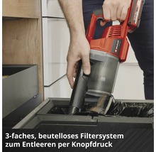 Einhell Akku-Handsauger wird per Knopfdruck über einem Mistkübel entleert.