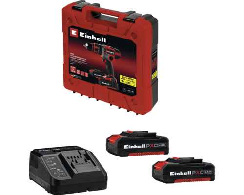 Einhell Akku-Schlagbohrschrauber-Set mit Transportkoffer, zwei 2,0 Amperestunden Akkus und einem Ladegerät.