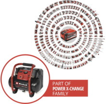 Einhell Kompressor als Teil der Power X-Change Familie mit kompatiblen Werkzeugen und Akku.